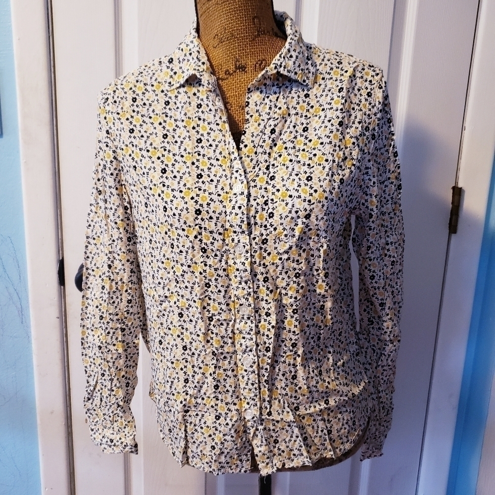 Velvet Heart Button Long Sleeve Collared Shirt Yellow Blue Floral Women's Medium
